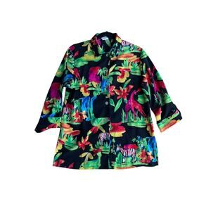 Vintage 80s Women's LARGE Colorful Zoo Safari Animal Print Button Up Shirt